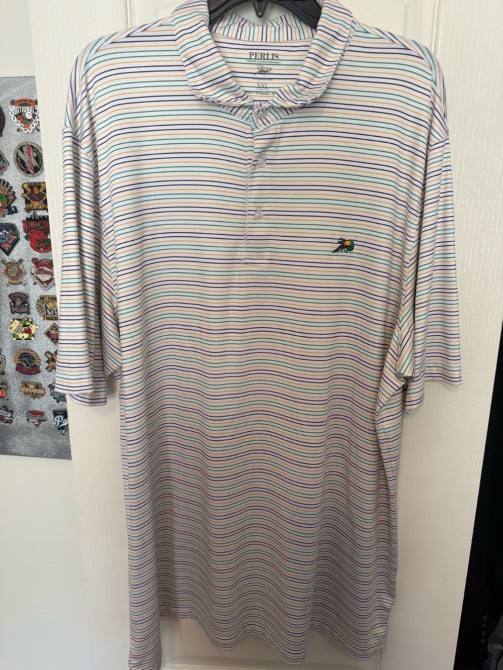Perlis Men's Short-Sleeve White Polo with Pastel Multi-Stripes